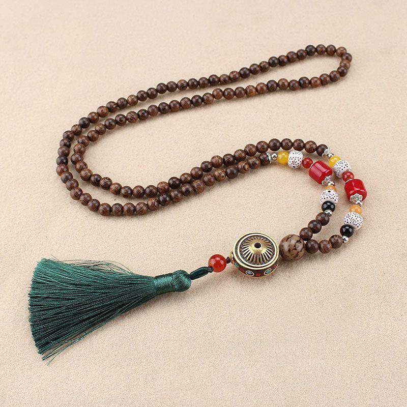 Holy Wood Beads Circular Pendant w/ Tassel Necklace for Energy Balancing, Positivity, Tranquility, and Meditation Vintage Nepal Long Buddhist Mala Wood Beaded Pendant & Necklace Ethnic Bohemian Boho Lucky Jewelry