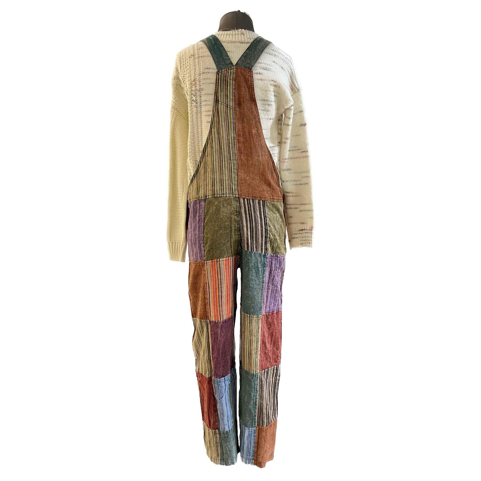 Plain & Striped Patchwork Cotton Overalls With Open Bottom Earth Tones S-XXL - Image 2