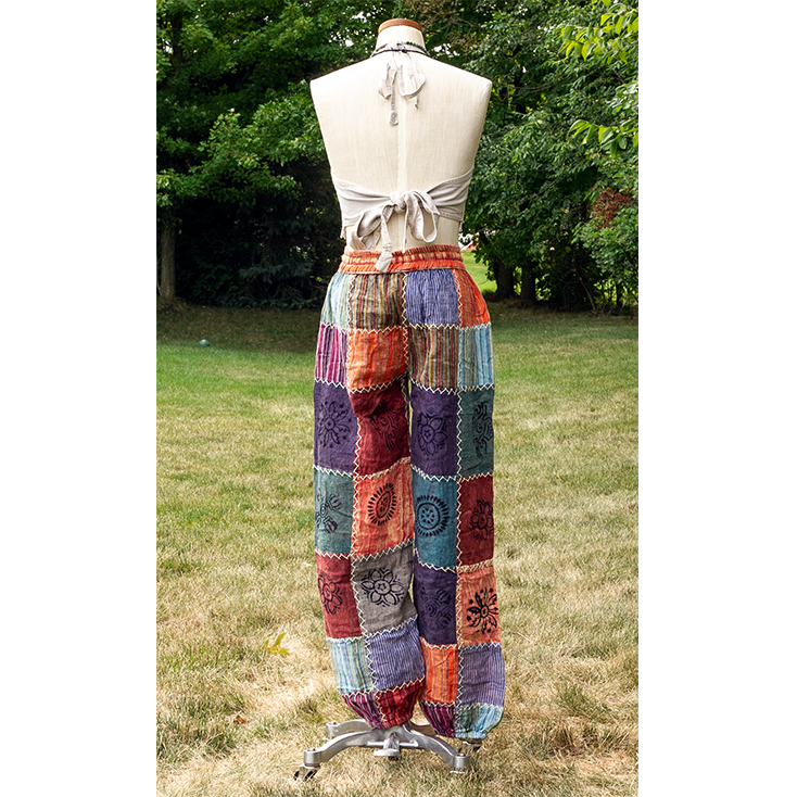 Plain & Striped W/Threadwork Boho Harem Patch Elastic Bottom Pants - Image 3