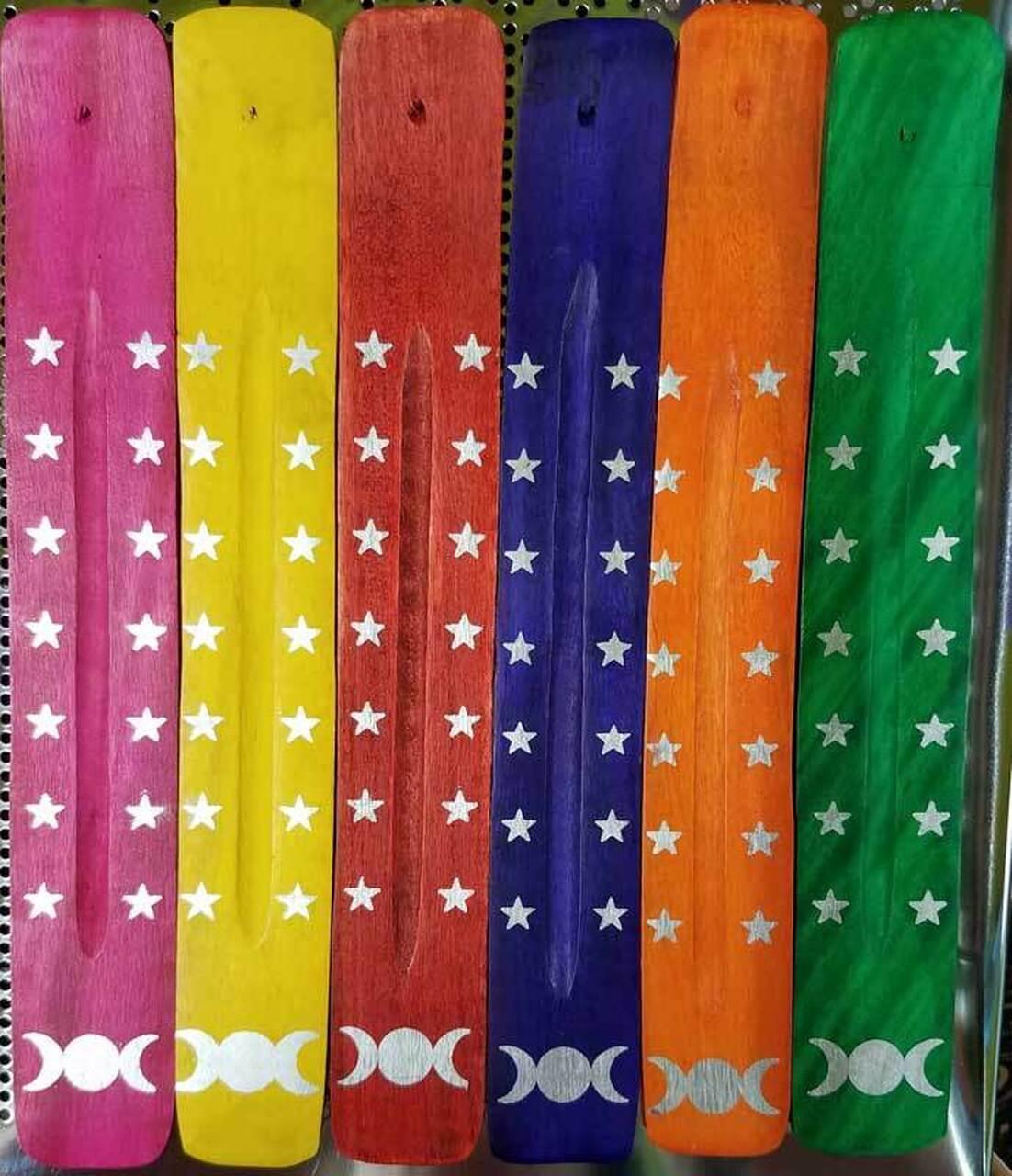 Triple Moon Colorful Wood Ash Catcher | Celestial Altar Tool (10"L)