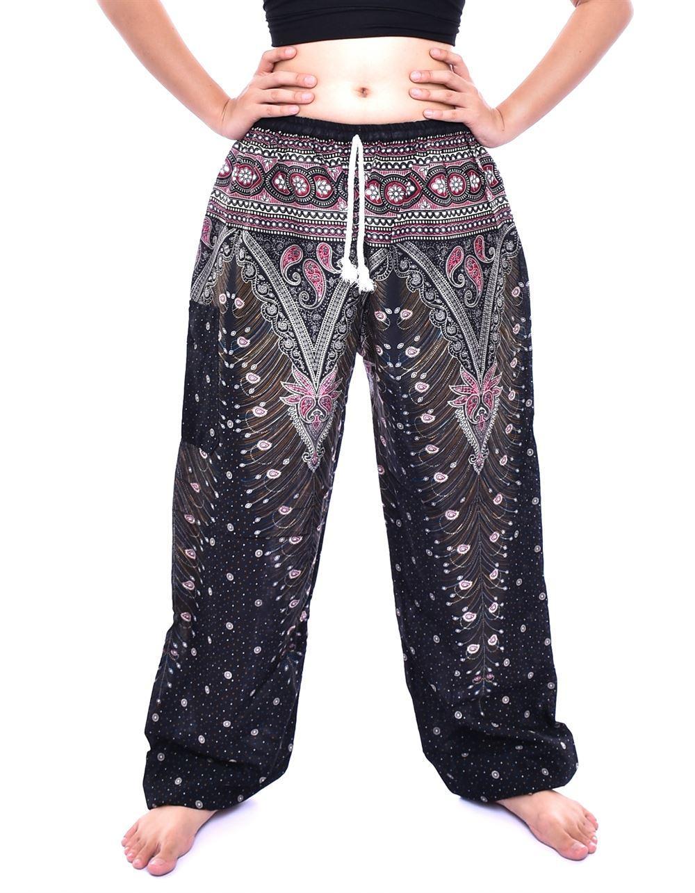 Black, Green & Gold Peacock Feather Print Drawstring Thai Harem Pants