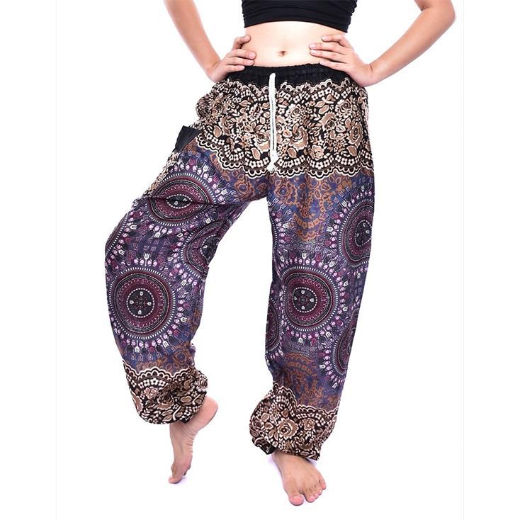 Brown & Grey Floral Mandala Drawstring Thai Harem Pants - Image 2