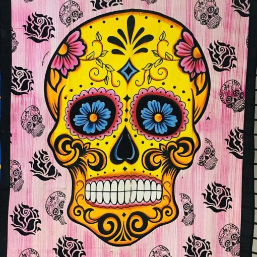 Sugar Skull with Rose Wall Hanging Handmade Cotton Tapestry 84"x54" inch