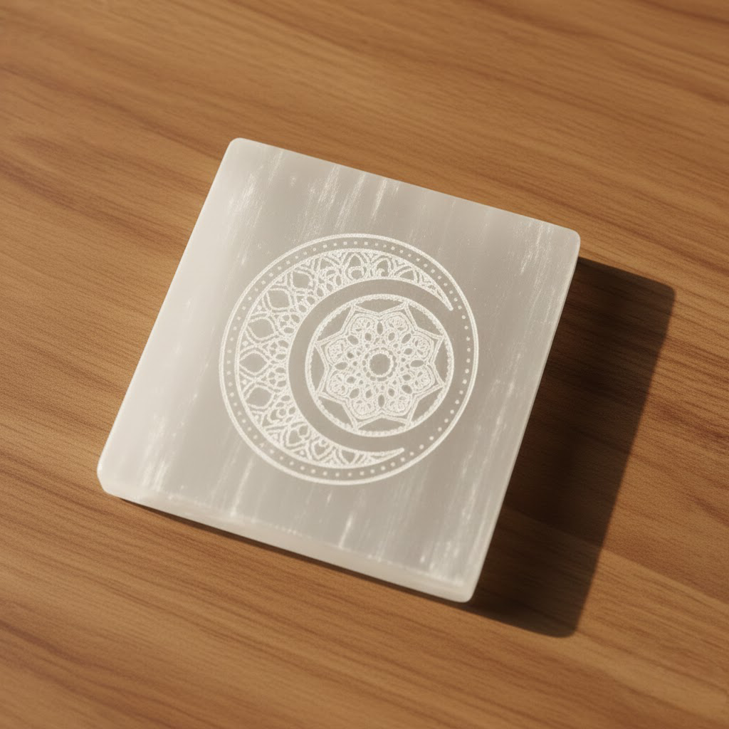 Selenite Square Moon Mandala Plate: Lunar Harmony & Sacred Charging (3x3 Inch) - Image 3