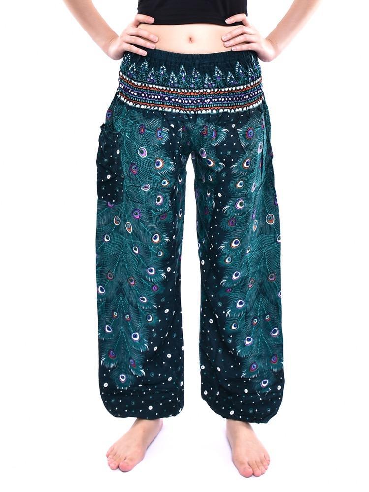 Teal Peacock Feather Print Smocked Thai Harem Pants - Image 5