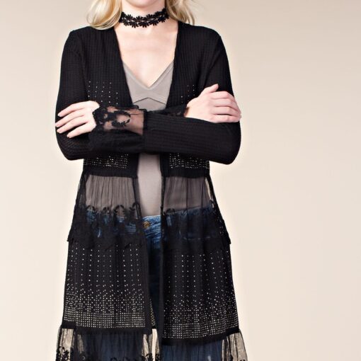 Long Sleeve Cardigan with Stone and Lace Details by Vocal