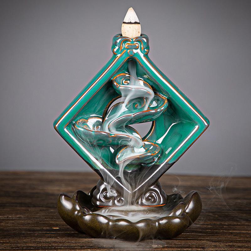 Rhombus with Waterfall Ceramic Backflow Incense Holder Waterfall Incense Burner, Reflux Burner, Handmade Ceramic, Home Décor for Meditation, Mini-Zen Experience Size: 12*9.5*16 cm