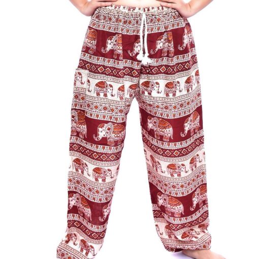 Red & Cream Elephant Print Drawstring Thai Harem Pants
