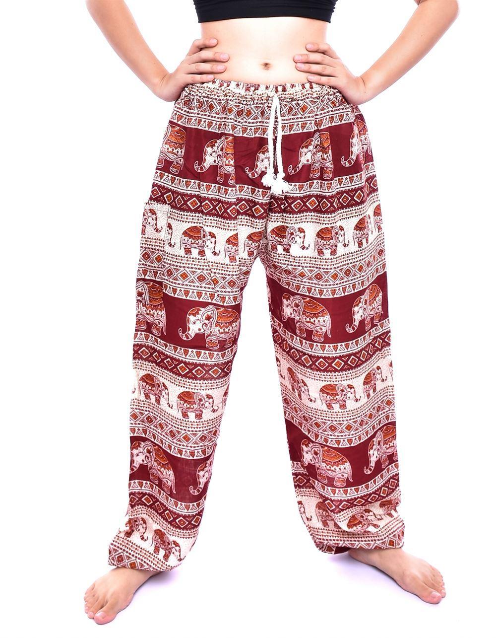 Red & Cream Elephant Print Drawstring Thai Harem Pants