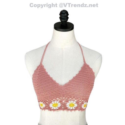 Crochet Bikini Top with Colorful Daisies Knit/ Crop Top/ Bra Top, Handmade, 1 Size Fits Most
