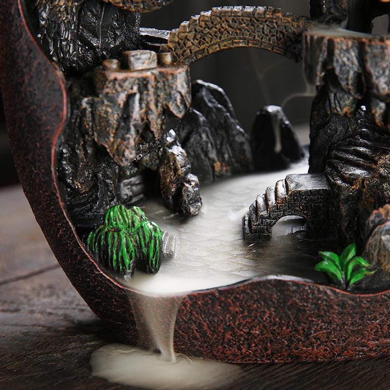 Mountain with House & Bridge Ceramic Backflow Incense Holder Waterfall Incense Burner, Reflux Burner, Handmade Ceramic, Home Décor for Meditation, Mini-Zen Experience Size: 22*10*31 cm - Image 4