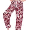 Maroon Elephant Print Drawstring Thai Harem Pants VTrendz