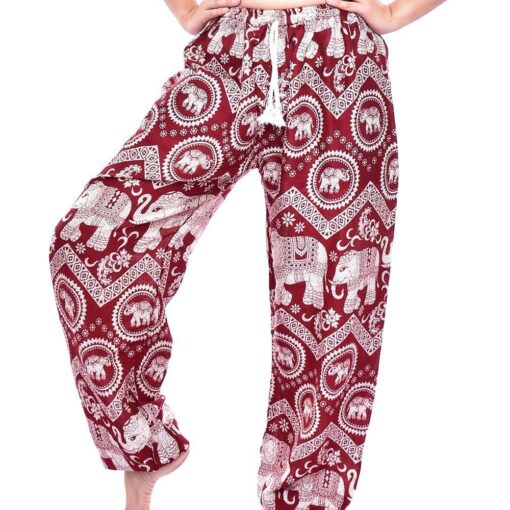 Maroon Elephant Print Drawstring Thai Harem Pants