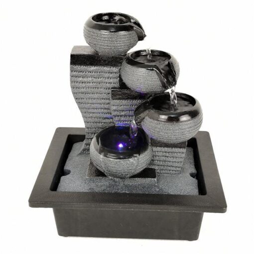 4-Tier Cascading Square Base Water-Cup with LED Light Antique Resin Tabletop Waterfall Fountain
