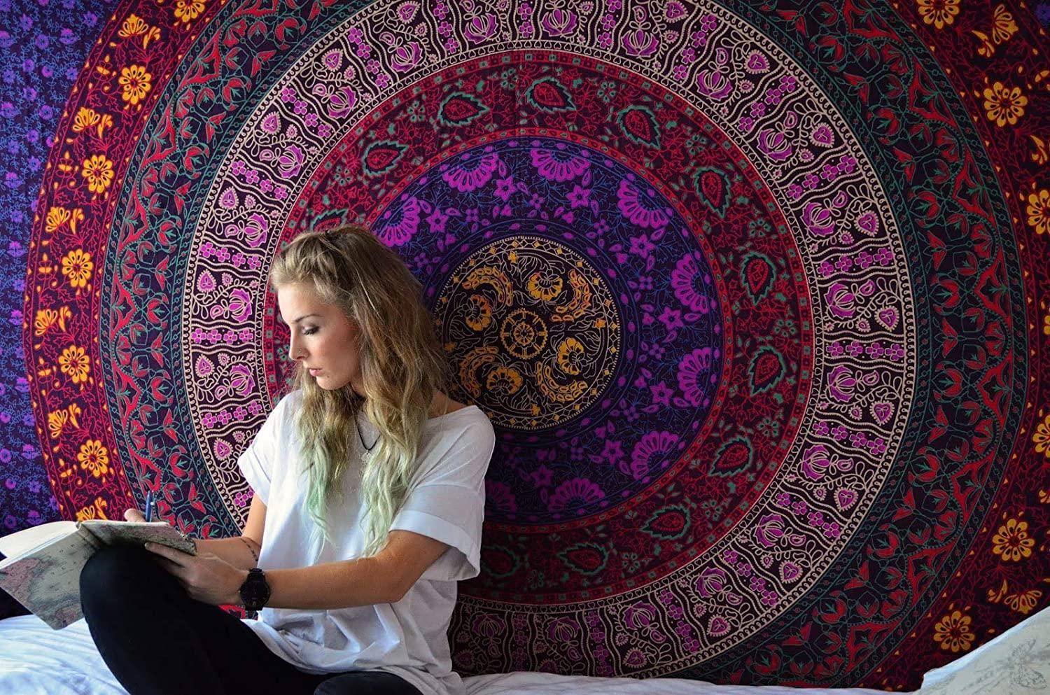 Large Hippie Tapestry - Purple Mandala Boho Bohemian Decor Psychedelic Tapestries Wall Hanging Mandala Room Hangings 84 x 54 inch