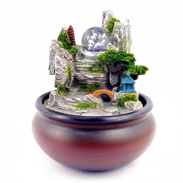 Rockery Castle in Bowl with LED Crystal Antique Resin Tabletop Waterfall Fountain