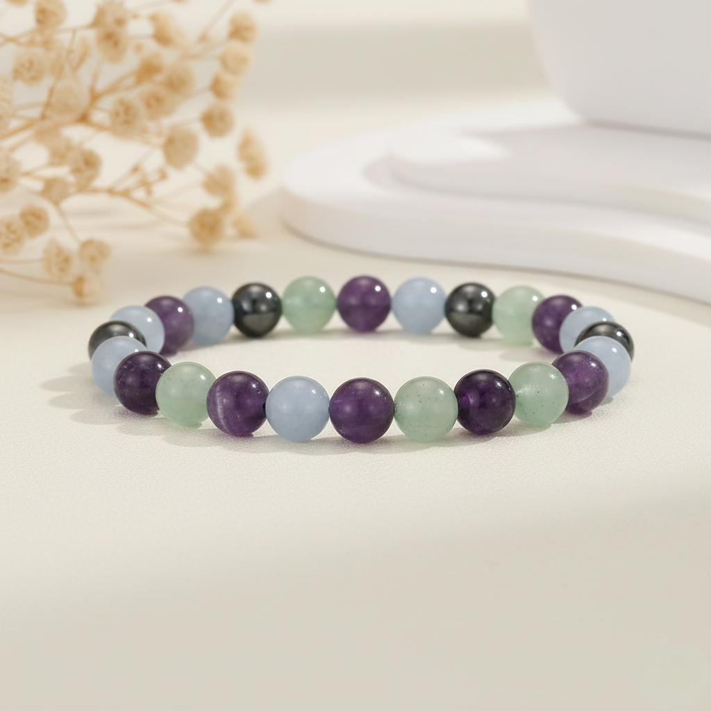 Aquarius Zodiac Crystal Bracelet – Intellectual Peace – Amethyst & Angelite – 8mm - Image 3