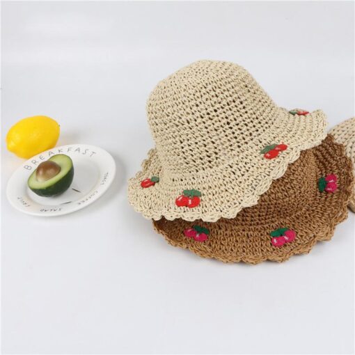 Kids Straw Hat with Cherries;  Kids One Size Fits Most (19-20 inches), adjustable size