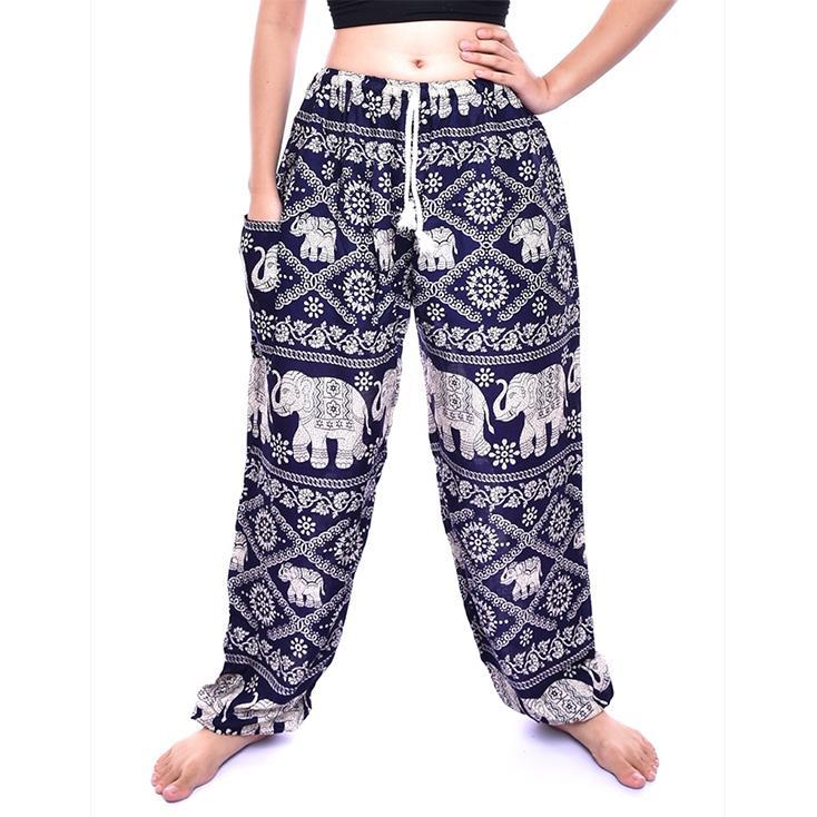 Navy Blue Elephant Print Drawstring Thai Harem Pants - Image 3