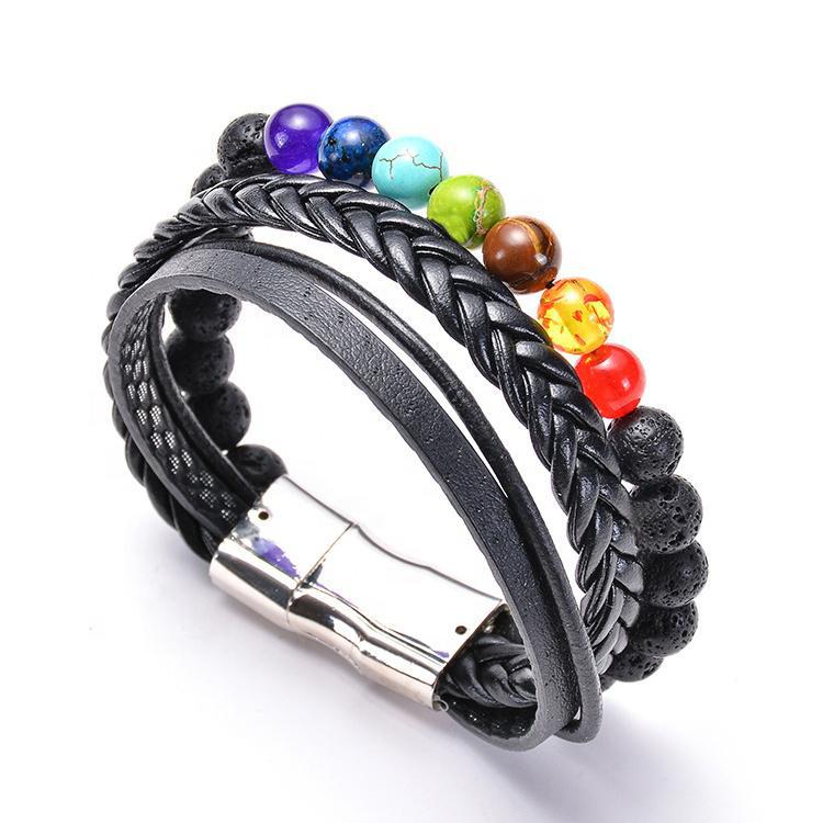 7 Chakra Volcanic Lava Stone Magnetic Therapy Leather Bracelet 7 Chakra Yoga Magnet Buckle Bracelet Unisex - Image 2