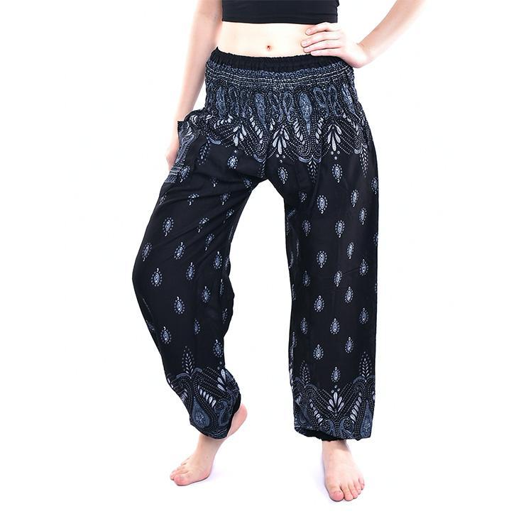 Black & Silver Paisley Print Smocked Thai Harem Pants