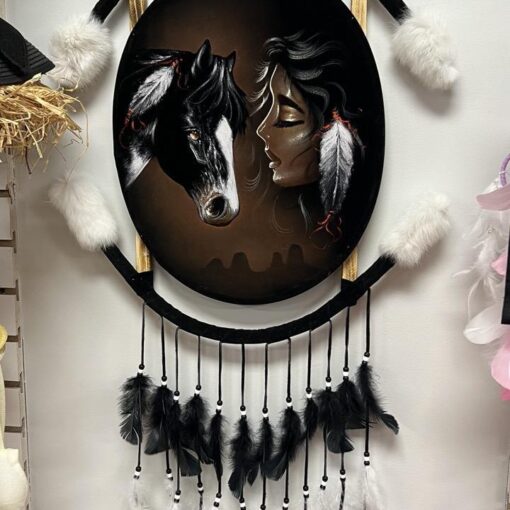 Native Women facing a Horse 24 x 15" Velvet shield Dream catcher