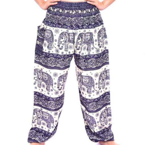 Navy Blue & Cream Smocked Border Elephant Thai Harem Pants
