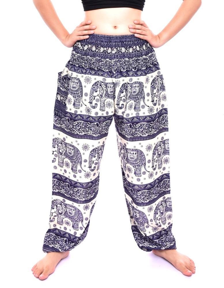 Navy Blue & Cream Smocked Border Elephant Thai Harem Pants
