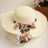 Straw Designer Hat with Pearls and Silk floral fabric Bow Trendy Beach Hats For Women;  Adult One Size Fits Most (22-23 inches), adjustable size - Image 3