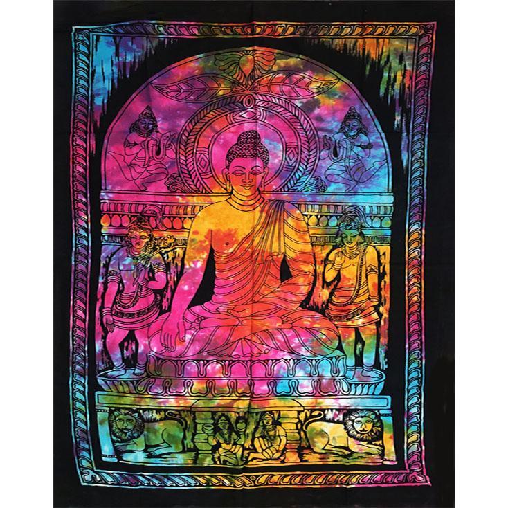 Lord Buddha being worshiped by deity Tie dye Poster Wall Hanging Handmade Cotton Tapestry 40"x30" inch