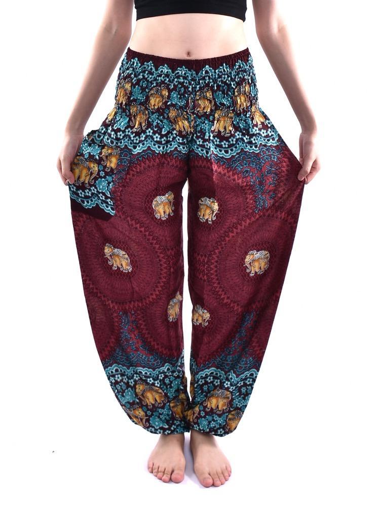 Maroon & Teal Smocked Elephant Mandala Harem Pants - Image 2