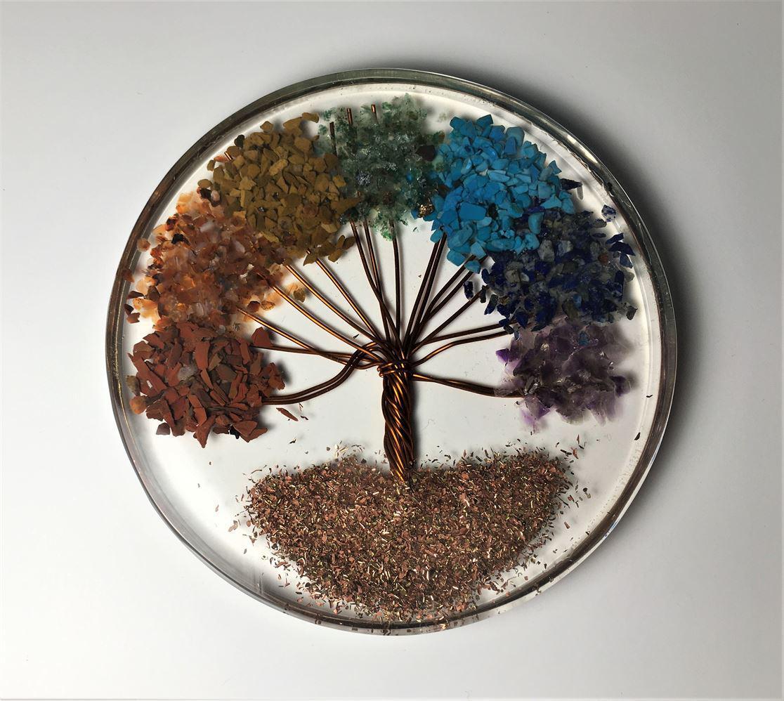 Orgone Coaster / Disc / Plate with 7-Chakra Natural Stone Tree of Life 3.5" inch diameter