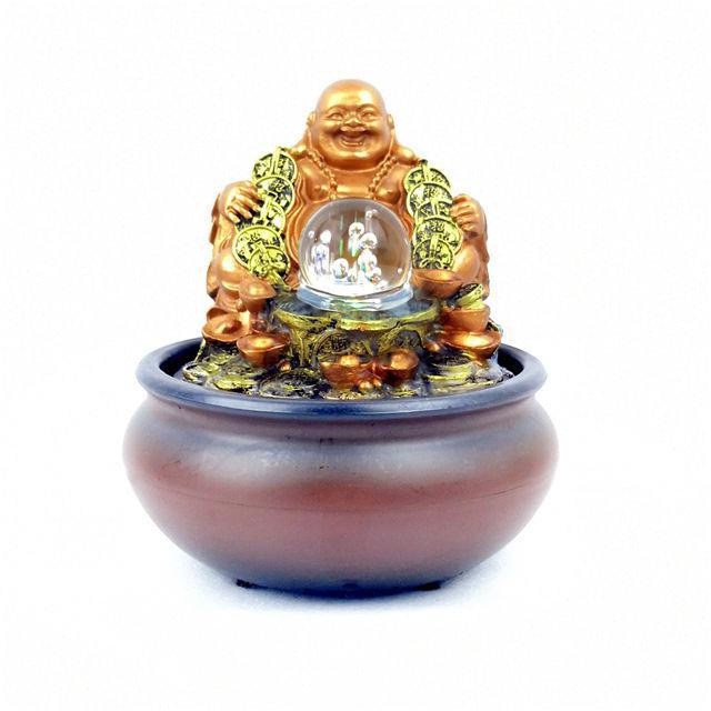Lucky Buddha Fountain Copper Colored with Gold Coins, Rolling Crystal Ball & LED Antique Resin Tabletop Mini Waterfall Fountain 16 cm*16 cm*20 cm - Image 2