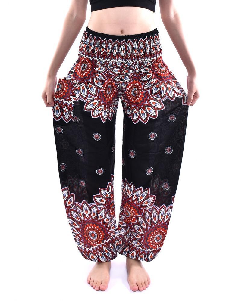 Black & Crimson Flower Print Smocked Harem Pants - Image 2