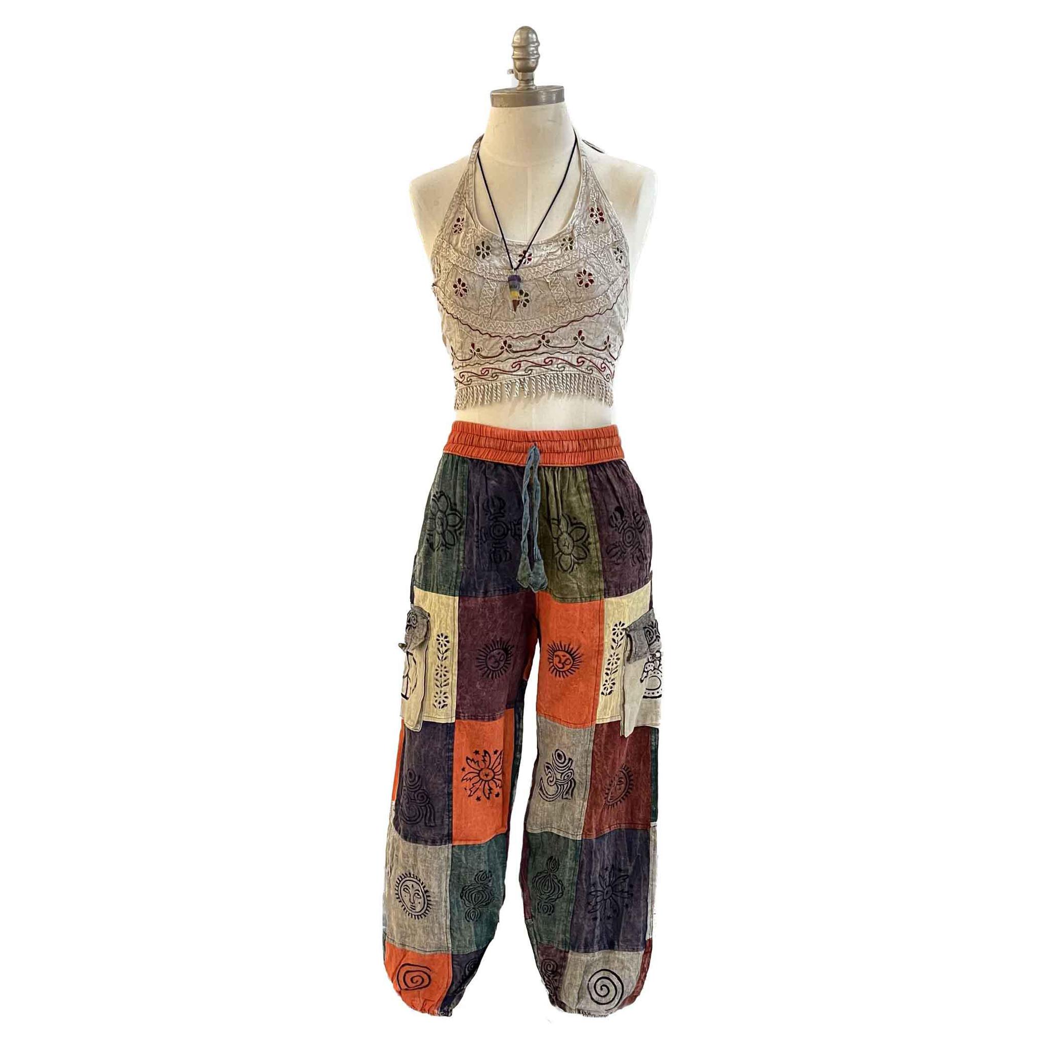 Plain Patch Boho Cargo Elastic Bottom Pants