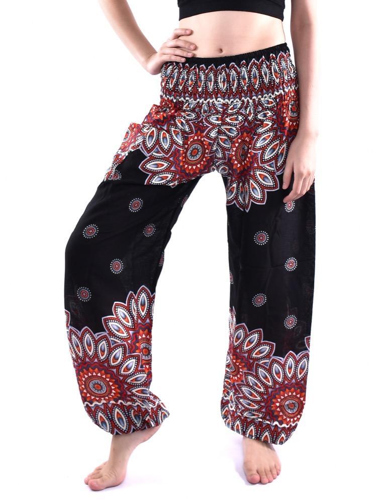 Black & Crimson Flower Print Smocked Harem Pants