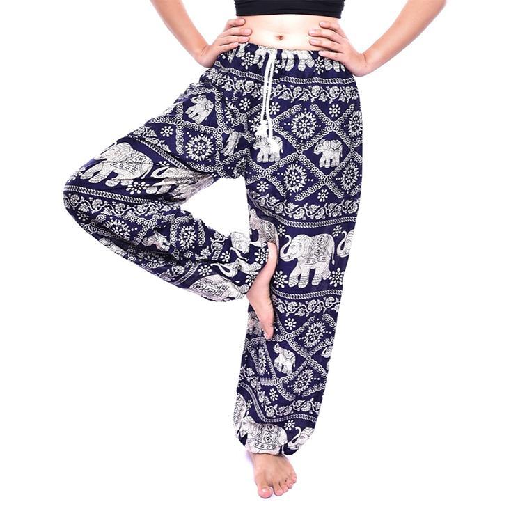 Navy Blue Elephant Print Drawstring Thai Harem Pants - Image 2