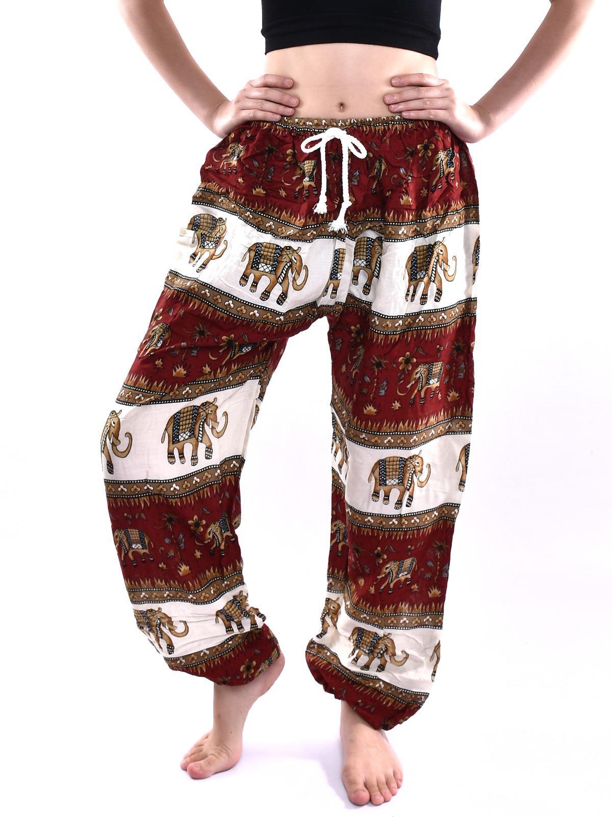 Red & Cream Elephant Print Drawstring Thai Harem Pants