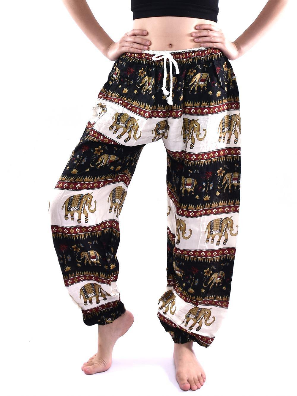 Black & Cream Elephant Print Drawstring Thai Harem Pants