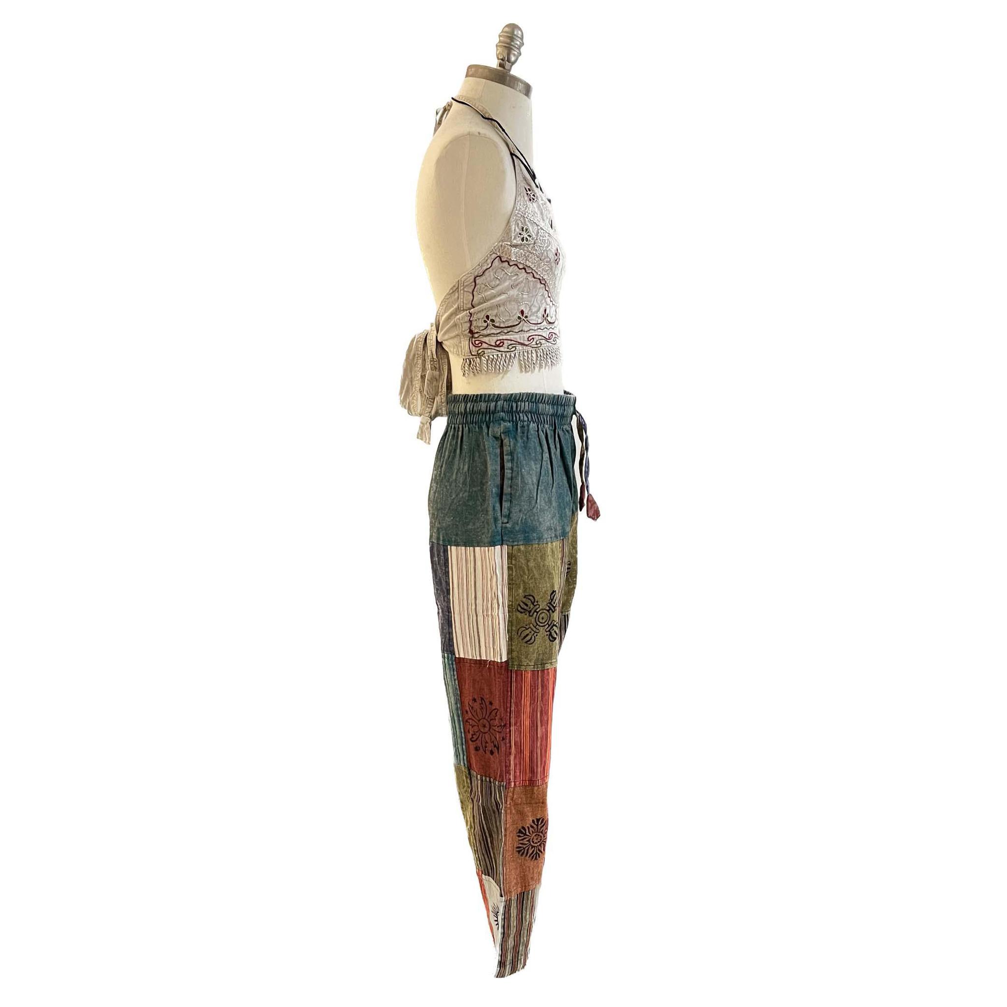 Single Color Waist Plain & Striped Patchwork Open Bottom Pants - Image 4