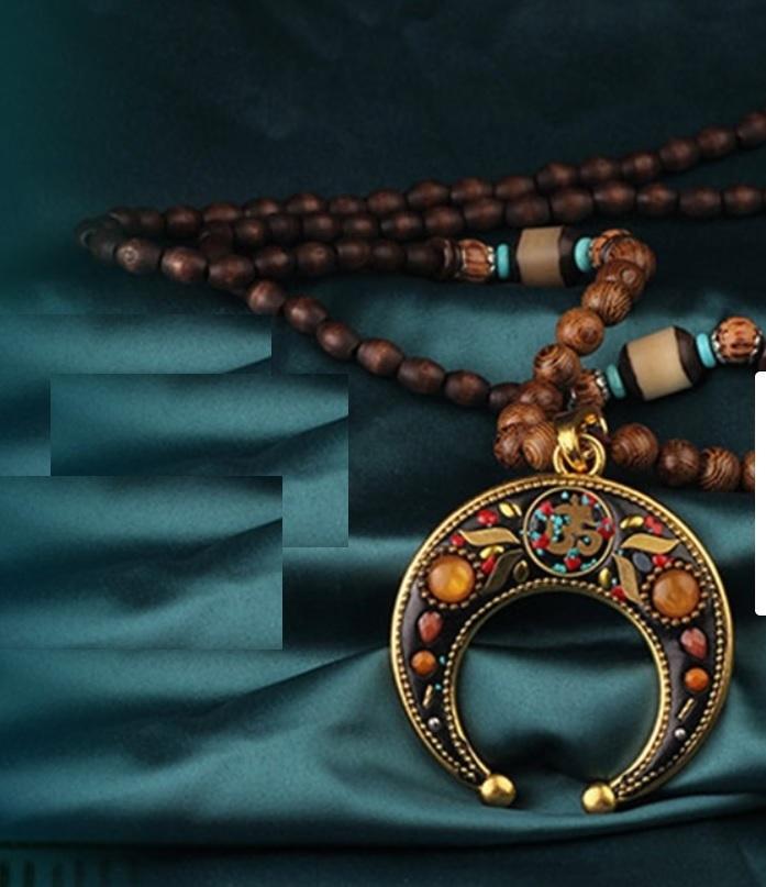 Holy Wood Beads Om Pendant Necklace for Energy Balancing, Positivity, Tranquility, and Meditation Vintage Nepal Long Buddhist Mala Wood Beaded Pendant & Necklace Ethnic Bohemian Boho Lucky Jewelry