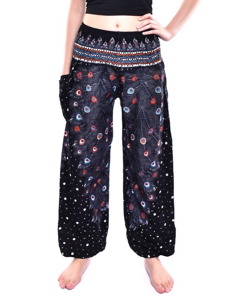 Black Peacock Feather Print Smocked Thai Harem Pants - Image 3