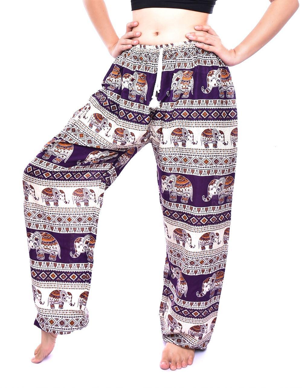 Purple & Cream Elephant Print Drawstring Thai Harem Pants