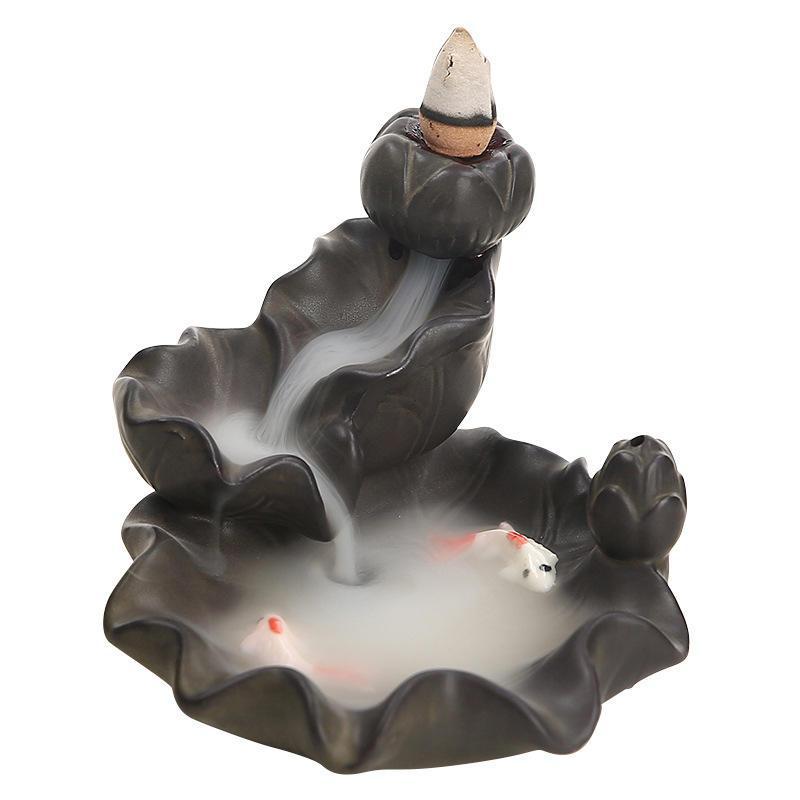 Mini-waterfall with Fish Pond Ceramic Backflow Incense Holder Waterfall Incense Burner, Reflux Burner, Handmade Ceramic, Home Décor for Meditation, Mini-Zen Experience Size: 10.5*8 cm