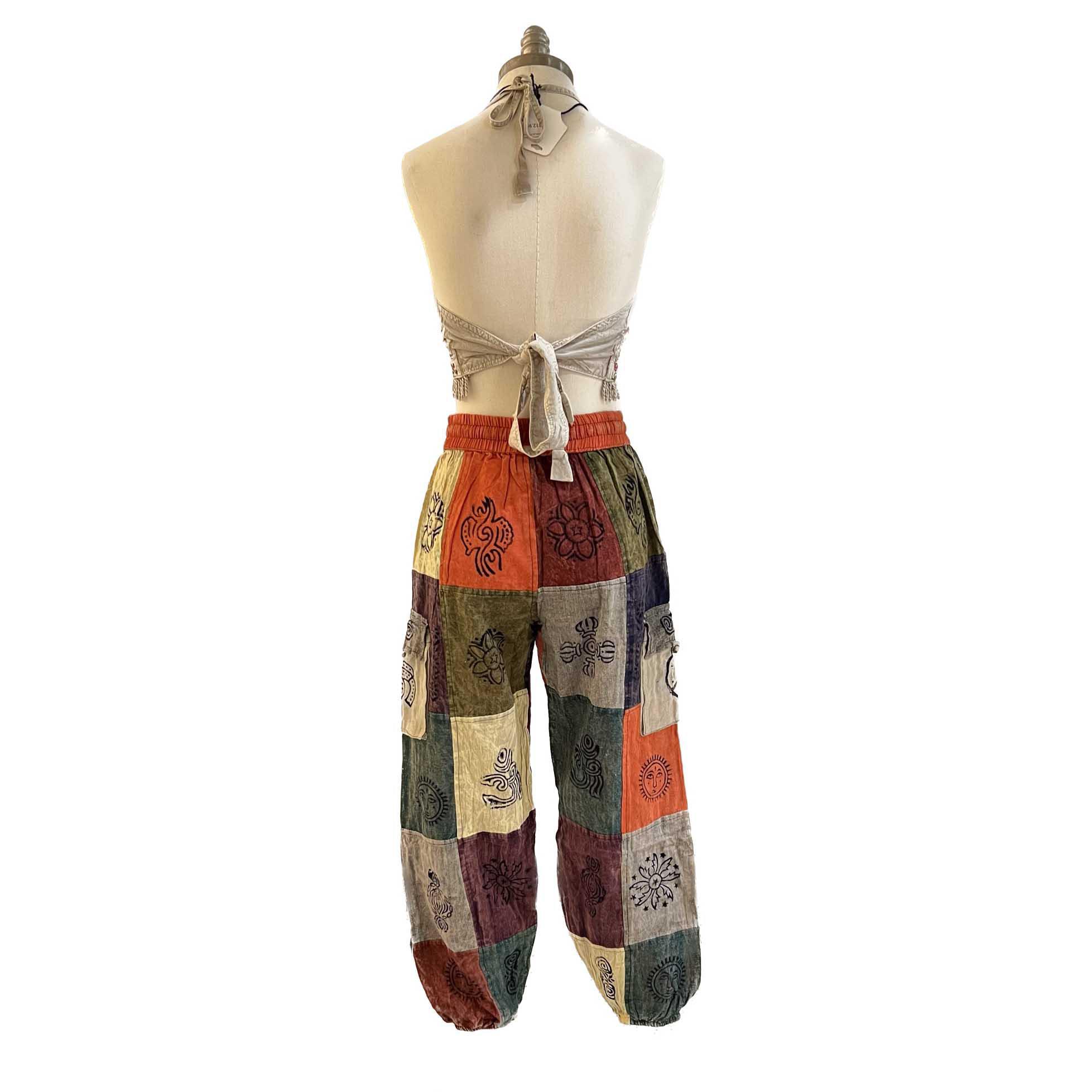 Plain Patch Boho Cargo Elastic Bottom Pants - Image 2