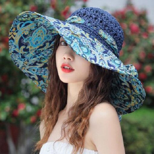 Print Bowknot Trendy Straw Beach Hats Women  Folding Wide Visor Sun Shade;  Adult One Size Fits Most (22-23 inches), adjustable size