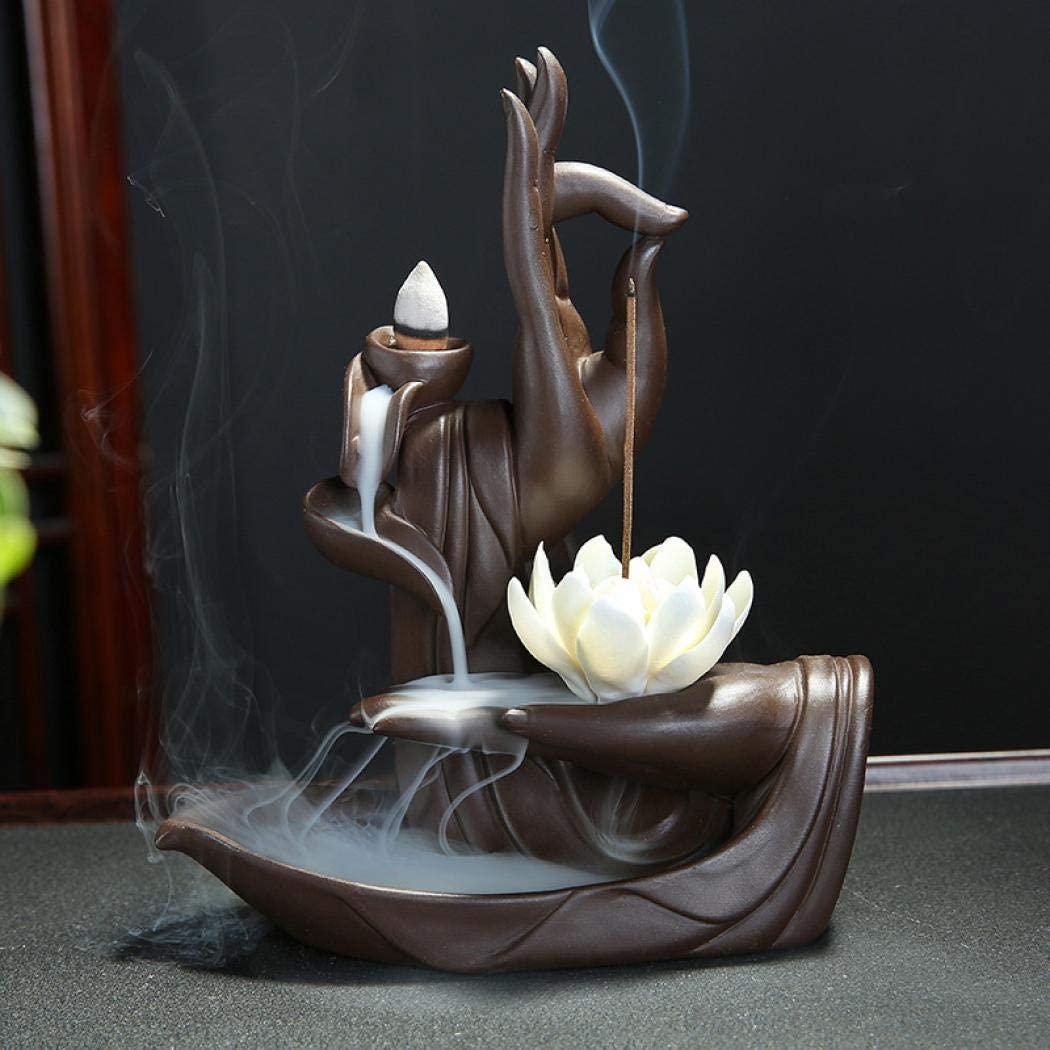 Meditation Hand with Lotus Flower Ceramic Backflow Incense Holder Waterfall Incense Burner, Reflux Burner, Handmade Ceramic, Home Decor for Meditation, Mini-Zen Experience 16*8*21 cm