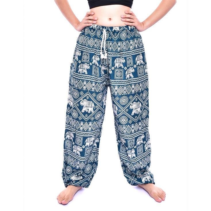 Teal Blue Elephant Print Drawstring Thai Harem Pants - Image 3