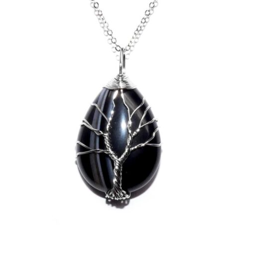 Black Tourmaline Teardrop Crystal Tree of Life Wire Wrapped Pendant Necklace
