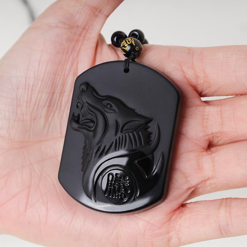 Wolf Black Obsidian Hand carved Necklace Pendants with Black Beads - Image 2